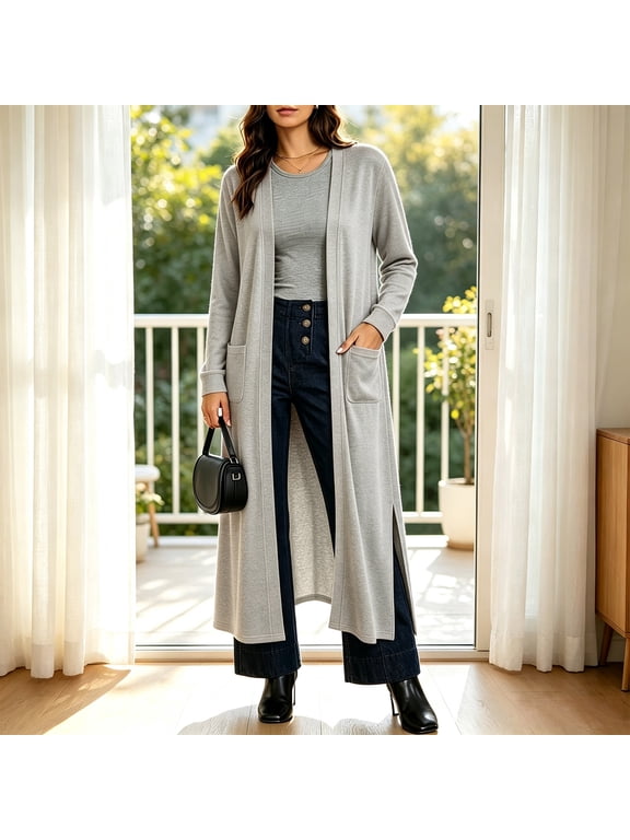 Women's Open Front Max Cardigan Jacket Long Sleeve Cuffed Long Dusters with Side Pockets and Side Slits for Fall Winter,L