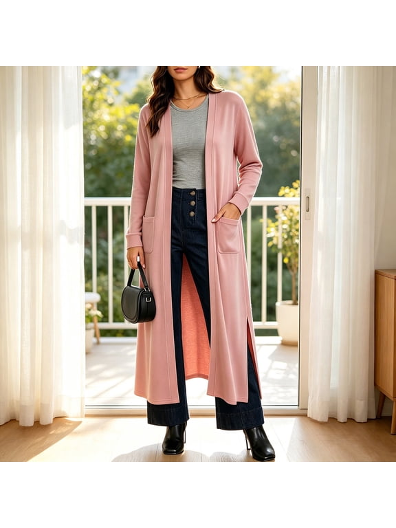 Women's Open Front Max Cardigan Jacket Long Sleeve Cuffed Long Dusters with Side Pockets and Side Slits for Fall Winter,XXL