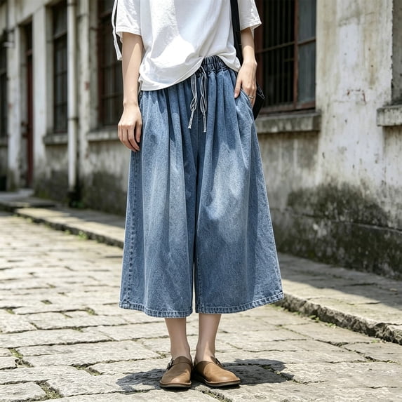 WAGUTH Women's Oversized Elastic Waist Denim Culottes Wide Leg Loose Drawstring Cropped Jeans with Pockets for Casual & Streetwear
