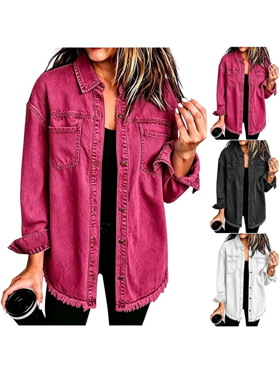 Women's Oversized Frayed Hem Denim Shacket Lapel Button Down Long Sleeve Distressed Jean Jacket with Chest Pockets Streetwear Outerwear
