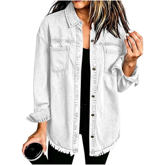 WAGUTH Women's Oversized Frayed Hem Denim Shacket Lapel Button Down Long Sleeve Distressed Jean Jacket with Chest Pockets Streetwear Outerwear