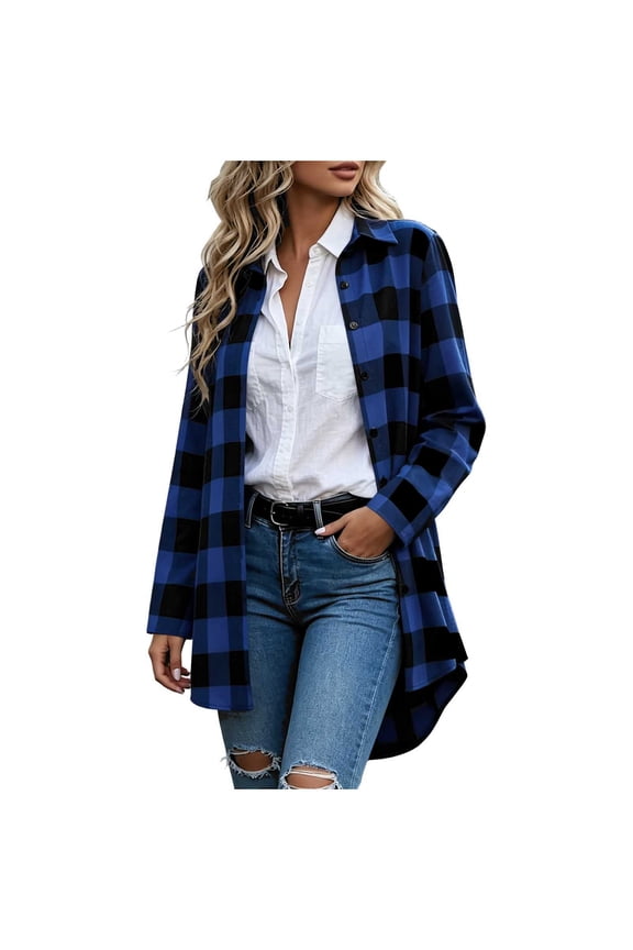 Women's Oversized Long Plaid Flannel Shirt Jackets Long Sleeve Lapel Collar Button Down Trench Coats,Blue,S