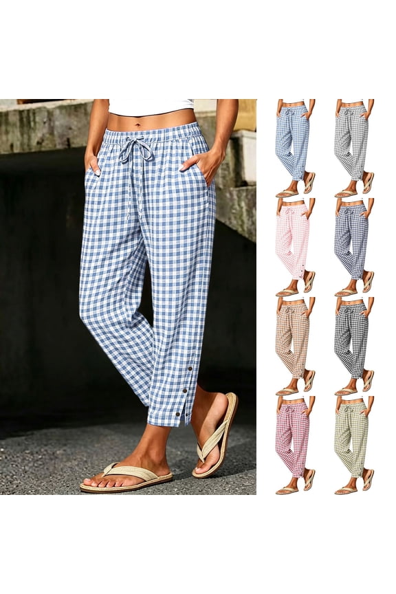 Women's Plaid Cropped Pants Drawstring Elastic High Waist Trousers with Side Snap Button Split Hem & Side Pockets