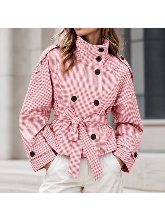 Women's Plaid Cropped Trench Coat Long Sleeve Stand Collar Double Breasted Jacket with Self Tie Belt Fall Casual Outwear,S