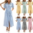 thumbnail image 1 of WAGUTH Women's Plaid Shirt Dresses Puff Short Sleeve Button Down Midi Dress with Belt & Pocket Casual Summer A-Line Dresses, 1 of 6