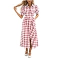 thumbnail image 1 of WAGUTH Women's Plaid Shirt Dresses Puff Short Sleeve Button Down Midi Dress with Belt & Pocket Casual Summer A-Line Dresses, 1 of 6