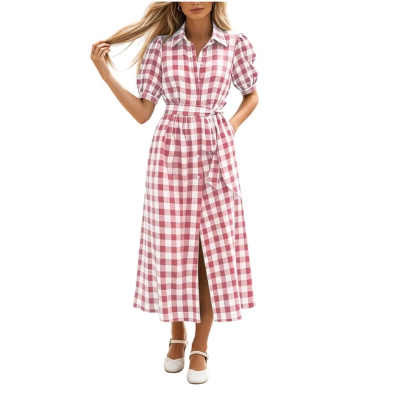 WAGUTH Women's Plaid Shirt Dresses Puff Short Sleeve Button Down Midi Dress with Belt & Pocket Casual Summer A-Line Dresses
