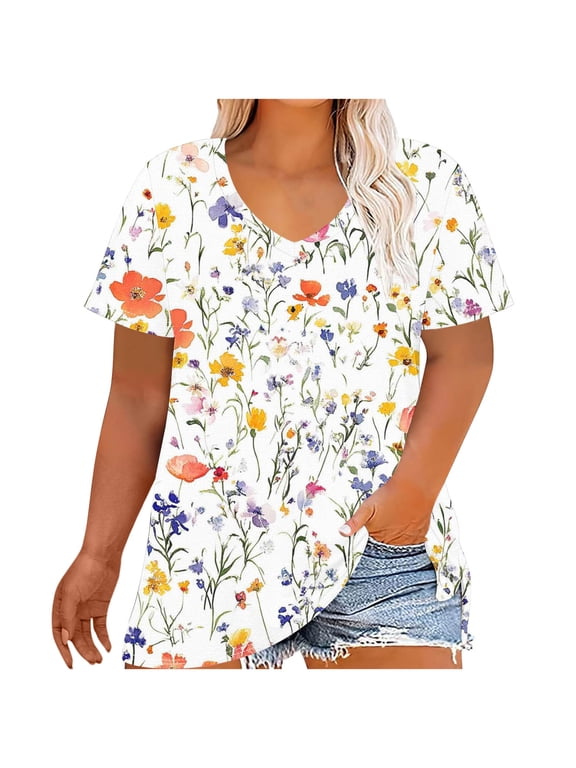 Women's Plus Size Floral Print Short Sleeve Tunic Tops V Neck Loose Side Split Casual Lightweight Blouses for Summer Daily Vacation Wear,White,3XL