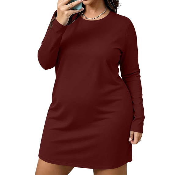 WAGUTH Women's Plus Size Short Nightgown Long Sleeve Crew Neck Loose Solid Color Casual Loungewear T-Shirt Dress for Sleepwear
