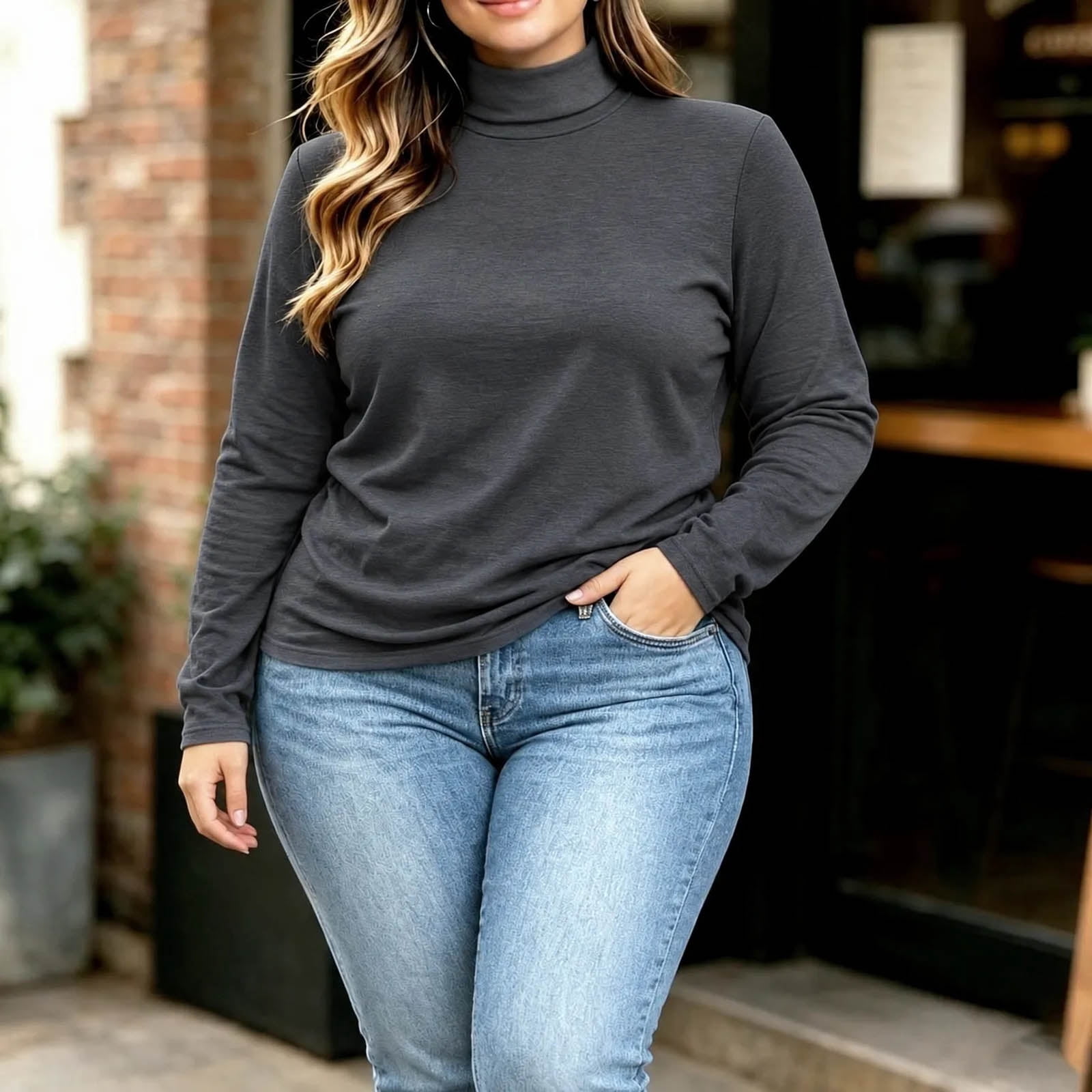 WAGUTH Women's Plus Size Turtleneck Long Sleeve Tops Solid Color Curved ...