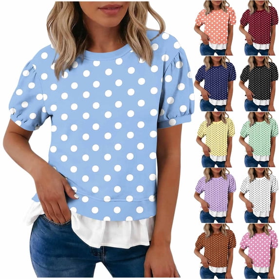 WAGUTH Women's Polka Dot Print Tops Crew Neck Puff Short Sleeve Casual Blouses with Ruffle Hem for Daily Wear,Sky Blue,S