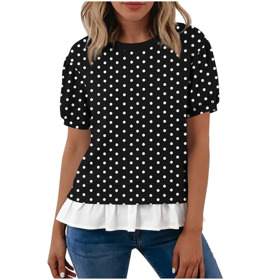 WAGUTH Women's Polka Dot Print Tops Crew Neck Puff Short Sleeve Casual Blouses with Ruffle Hem for Daily Wear,Black,XL