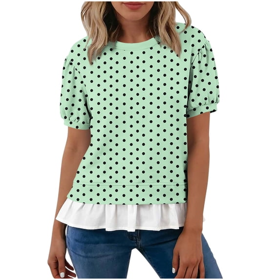 WAGUTH Women's Polka Dot Print Tops Crew Neck Puff Short Sleeve Casual Blouses with Ruffle Hem for Daily Wear,Green,XXL