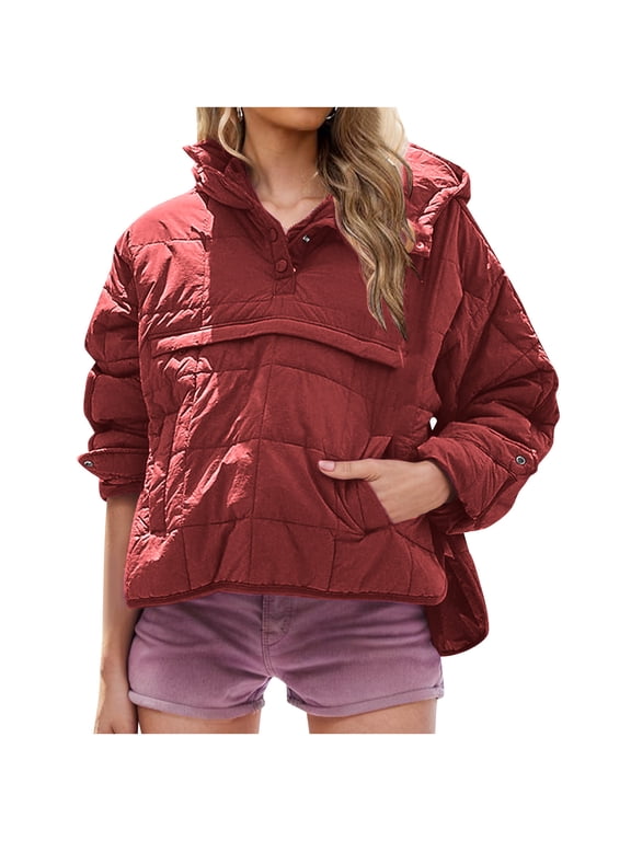 Women's Quilted Hooded Pullover Jackets Snap Button Half Placket Casual Puffer Coat with Side Pockets for Fall Winter Daily Wear,M
