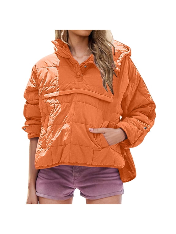 Women's Quilted Hooded Pullover Jackets Snap Button Half Placket Casual Puffer Coat with Side Pockets for Fall Winter Daily Wear,XXL