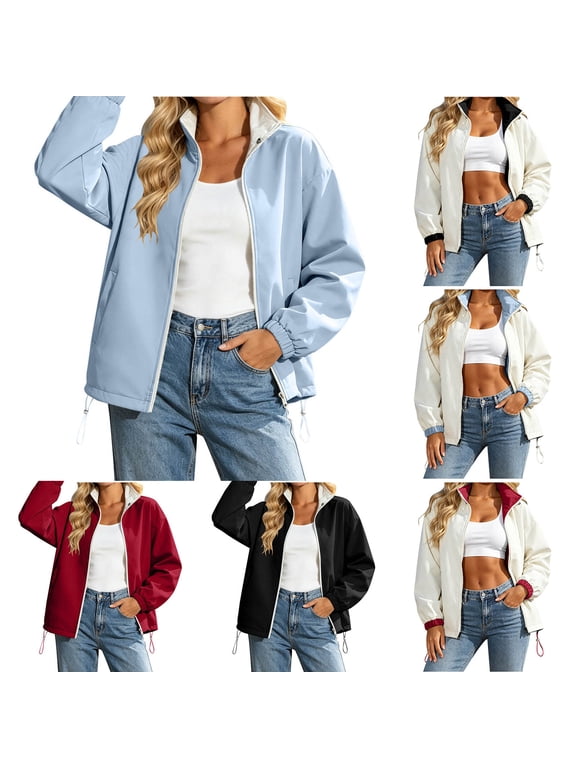 Women's Reversible Zip Up Jackets Stand Collar Long Sleeve Elastic Cuffs Windbreaker Jackets with Pockets for Outdoor