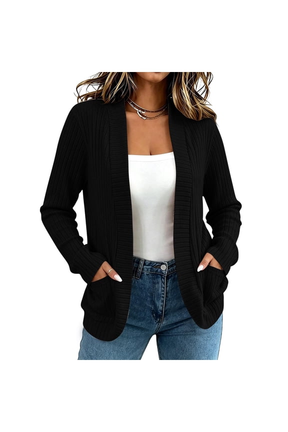 Women's Ribbed Knit Open Front Cardigan Long Sleeve Casual Jackets with Side Pockets for Spring Fall Daily Fashion Outfits,Black,S