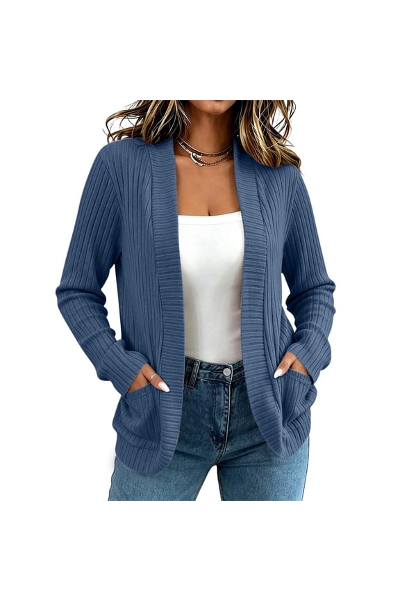 Women's Ribbed Knit Open Front Cardigan Long Sleeve Casual Jackets with Side Pockets for Spring Fall Daily Fashion Outfits,Blue,S