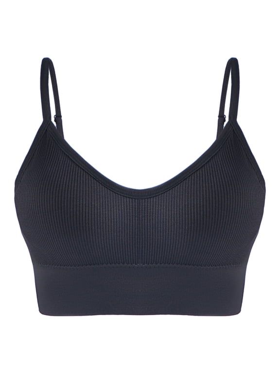 Women's Ribbed Sports Bra V-Neck Adjustable Thin Strap Padded Yoga Bra for Low Impact Workout