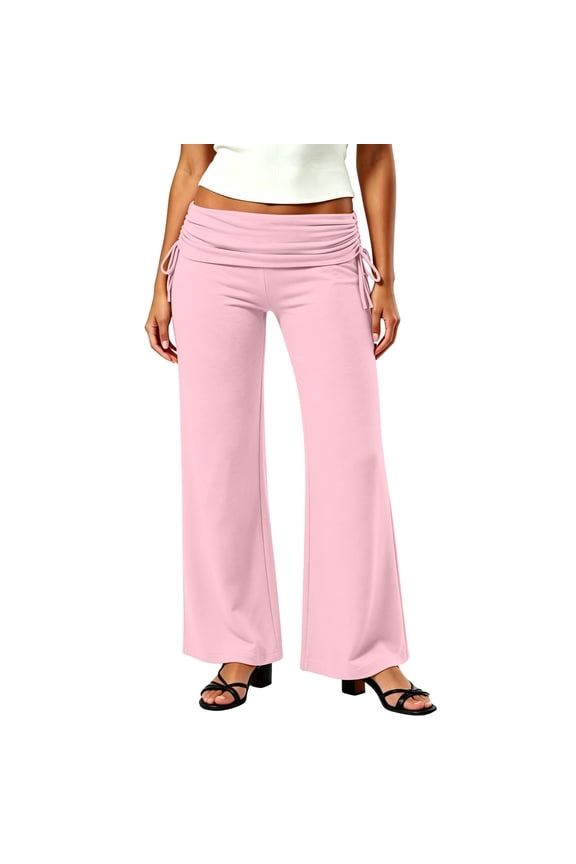 Women's Ruched Fold Over High Waist Pants Full Length Stretch Casual Lounge Trousers with Side Pockets & Drawstrings,Pink,3XL