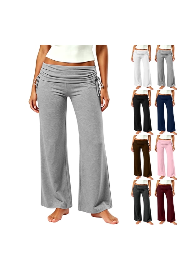 Women's Ruched Fold Over High Waist Pants Full Length Stretch Casual Lounge Trousers with Side Pockets & Drawstrings,Gray,S