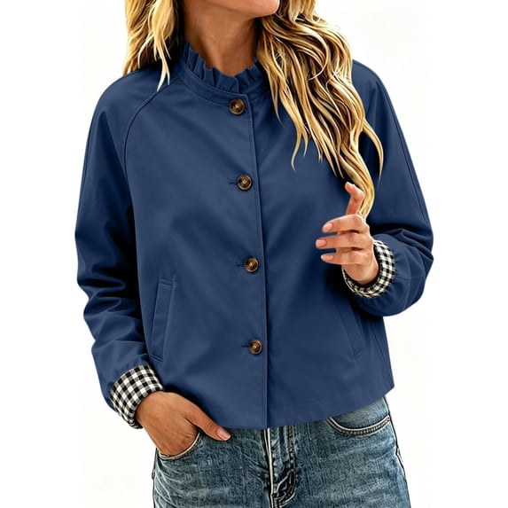 WAGUTH Women's Ruffle Collar Cropped Jacket Long‑Sleeve Button‑Front Raglan Sleeve Plaid Lined Casual Short Outerwear for Streetwear
