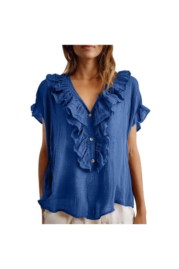 Women's Ruffle Trim V Neck Blouses Short Sleeve Button Down Flowy Shirts Casual Loose Fit Crinkle Gauze Summer Tunic Tops