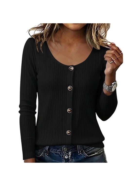 Women's Scoop Neck Button Front Ribbed Knit Tops Long Sleeve Slim Fit Casual Pullover Shirts for Fall Winter