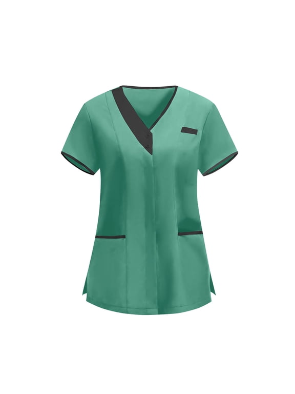 Women's Scrub Tops Short Sleeve Contrast Trim V‑Neck Work Uniform Shirt with Multi Pockets for Medical Nursing Healthcare