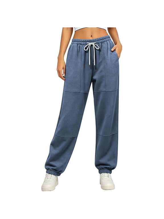 Women's Seamed Patchwork Jogger Sweatpants Elastic Drawstring High Waist Loose Casual Athletic Track Pants with Side Pockets