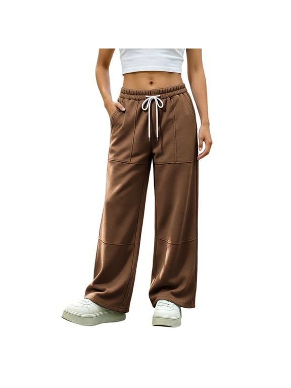 Women's Seamed Patchwork Wide Leg Sweatpants Elastic Drawstring High Waist Loose Casual Baggy Track Pants with Side Pockets