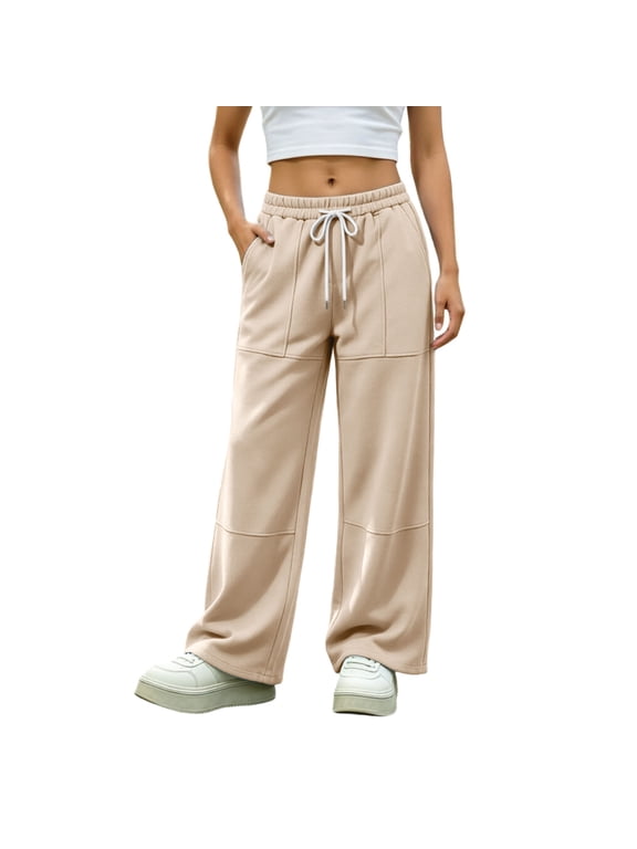 Women's Seamed Patchwork Wide Leg Sweatpants Elastic Drawstring High Waist Loose Casual Baggy Track Pants with Side Pockets