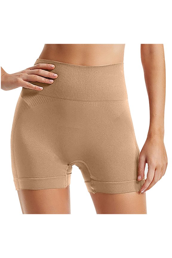 Women's Seamless Ribbed High Waist Shapewear Shorts Tummy Control Anti-Roll Butt Lifting Anti-Chafing Safety Shaper Briefs,Beige,L