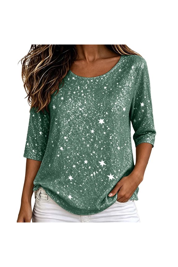 Women's Shiny Glitter T-Shirts Round Neck 3/4 Sleeve Loose Fit Casual Blouses for Daily Evening Party Wear,Green,S