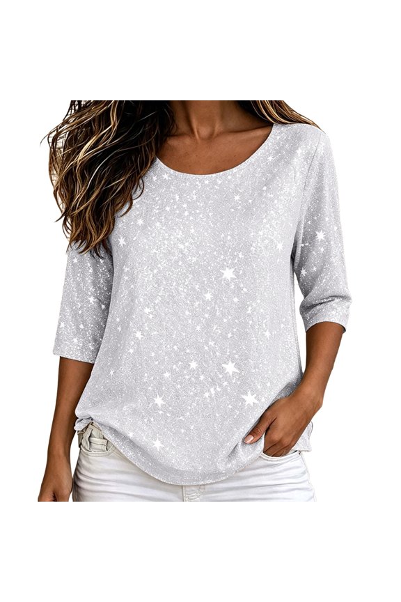 Women's Shiny Glitter T-Shirts Round Neck 3/4 Sleeve Loose Fit Casual Blouses for Daily Evening Party Wear,White,S