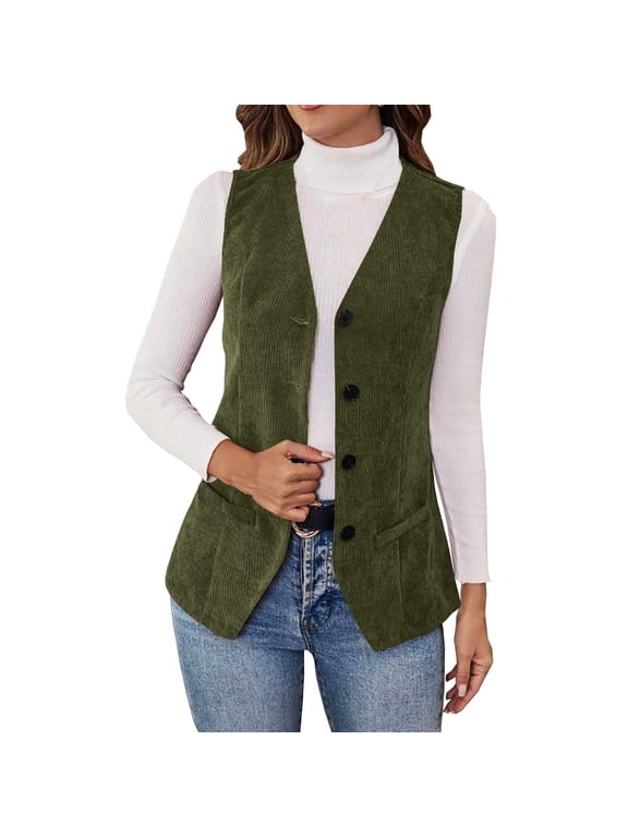 Women's Sleeveless Corduroy Vest V Neck Button Down Casual Waistcoat with Pockets Vintage Layered Gilet for Fall Winter Daily Outfits,S
