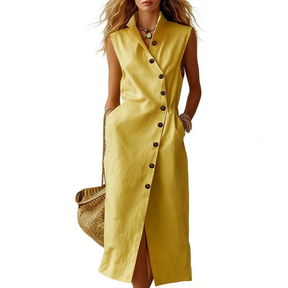 WAGUTH Women's Sleeveless Midi Shirt Dress Asymmetric Button-Front Dresses with Side Slit & Pockets for Summer Casual Wear