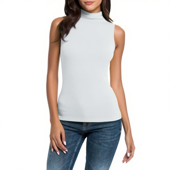 WAGUTH Women's Sleeveless Mock Neck Tank Tops Slim Fit Solid Ribbed Knit Stretchy Basic Layering Shirts for Spring Fall Daily Office Wear,White,S