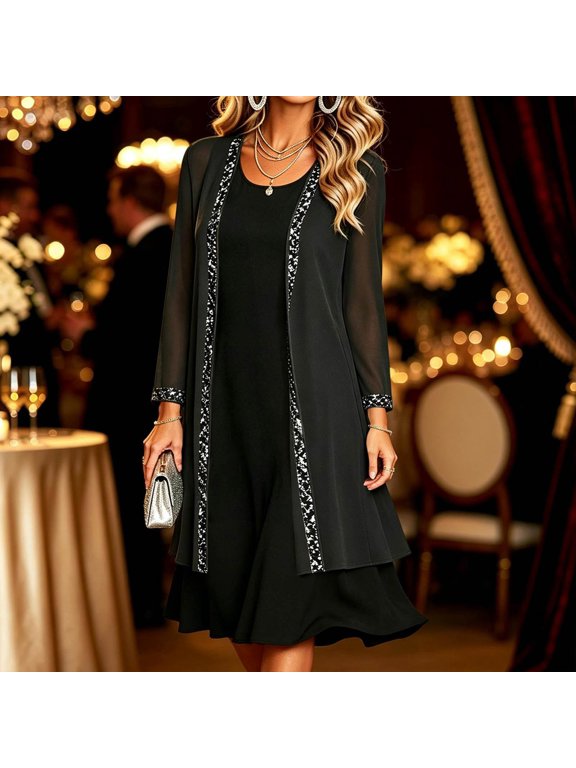 Women's Solid Chiffon Open Front Long Cardigan Jacket Elegant Long Sleeve Cover Up with Sequin Trim Evening Party Cocktail Sheer Outerwear,M