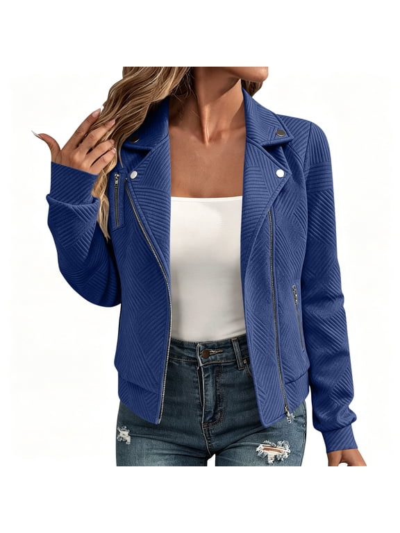Women's Solid Jacquard Jackets Lapel Collar Slim Fit Cropped Coat with Multi Zipper Pocket for Spring Fall Street Daily Outfits,Blue,S