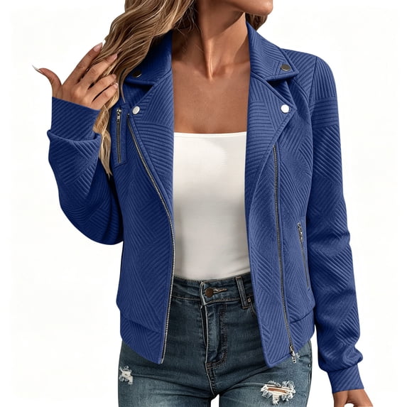 WAGUTH Women's Solid Jacquard Jackets Lapel Collar Slim Fit Cropped Coat with Multi Zipper Pocket for Spring Fall Street Daily Outfits,Blue,XL