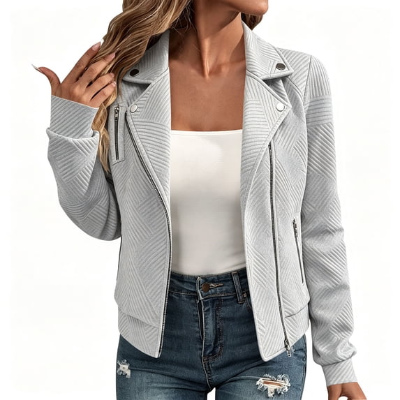 WAGUTH Women's Solid Jacquard Jackets Lapel Collar Slim Fit Cropped Coat with Multi Zipper Pocket for Spring Fall Street Daily Outfits,Gray,M