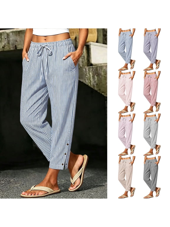 Women's Striped Cropped Pants with Pockets Side Snap Button Split Hem Lightweight Bottoms for Summer Vacation Daily Loungewear