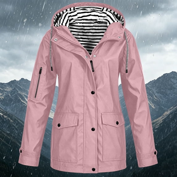 WAGUTH Women's Striped Lined Waterproof Hooded Rain Jackets Drawstring Hood Snap Zip Windproof Coats with Multi Pockets
