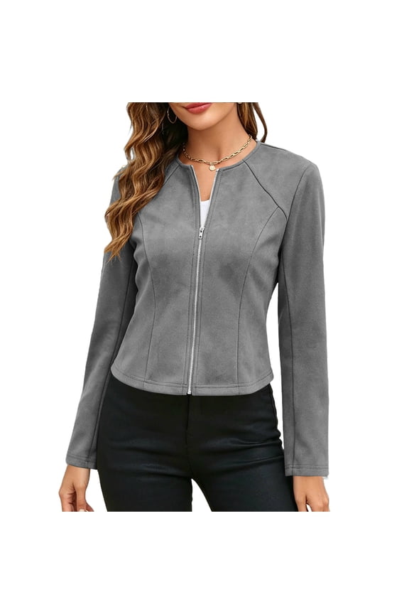 Women's Suede Texture Jacket Long Sleeve Zip Up Slim Fit Casual Coats Soft Lightweight Cropped Jacket,Gray,S