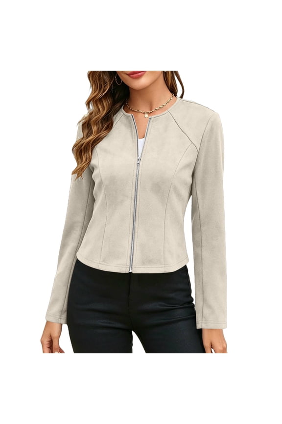 Women's Suede Texture Jacket Long Sleeve Zip Up Slim Fit Casual Coats Soft Lightweight Cropped Jacket