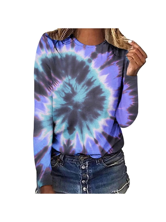 Women's Tie Dye Crew Neck Long Sleeve T-Shirts Casual Colorful Print Pullover Tops for Daily Streetwear Spring Fall Wear,L