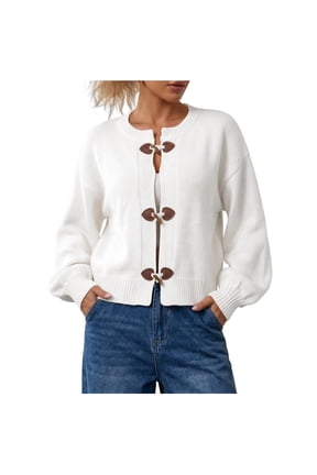 Women's Toggle Button Knit Cardigan Round Neck Long Sleeve Drop Shoulder Loose Cropped Knitted Sweater Tops for Fall Winter