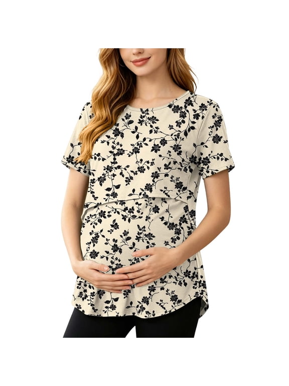 Women's Trendy Casual Print Maternity Tops Short Sleeve Double Layer Stretch Nursing Shirts Breastfeeding Tunic Blouses for Moms,Beige,L