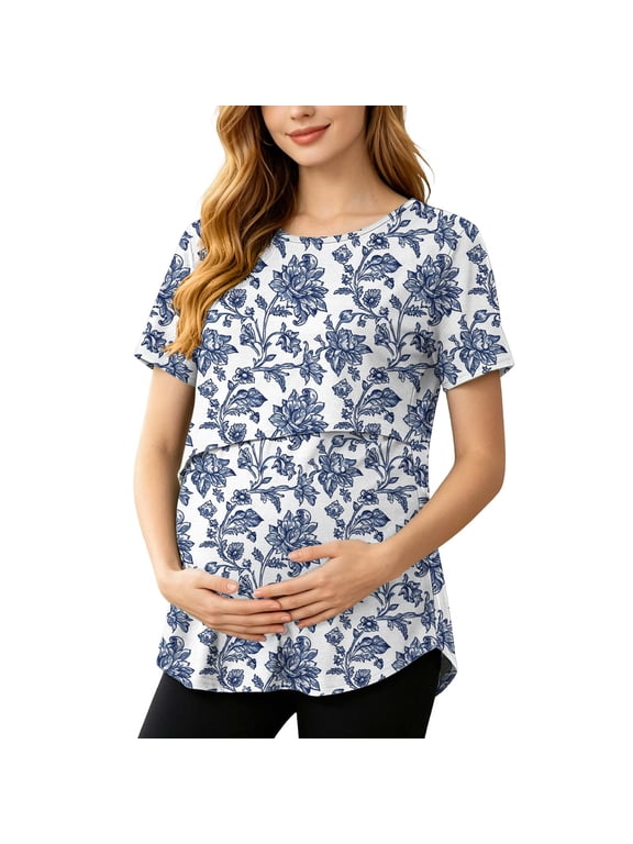 Women's Trendy Casual Print Maternity Tops Short Sleeve Double Layer Stretch Nursing Shirts Breastfeeding Tunic Blouses for Moms,Blue,M